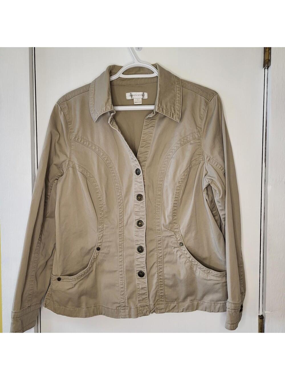 Christopher & Banks Khaki women Jacket  snap closure a flattering silhouette LG